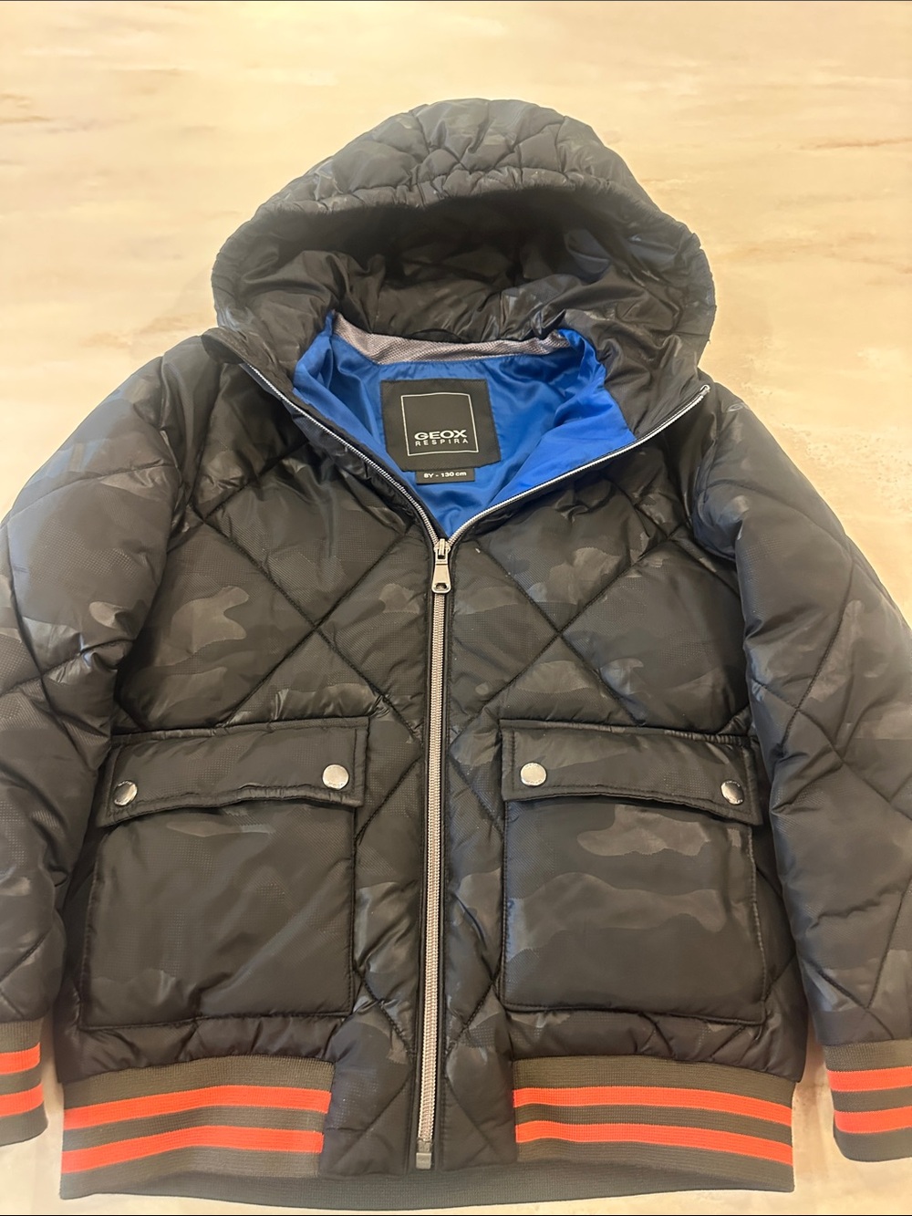 Geox Black Quilted Hooded Puffer with Blue Lining and Red Stripes
